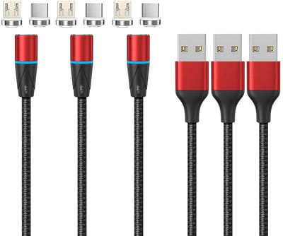 Magnetische Oplaadkabel voor USB-C en Micro-USB - 360° Draaibare Connector, Snel Opladen, 1,2m, 3-delig Set - Rood