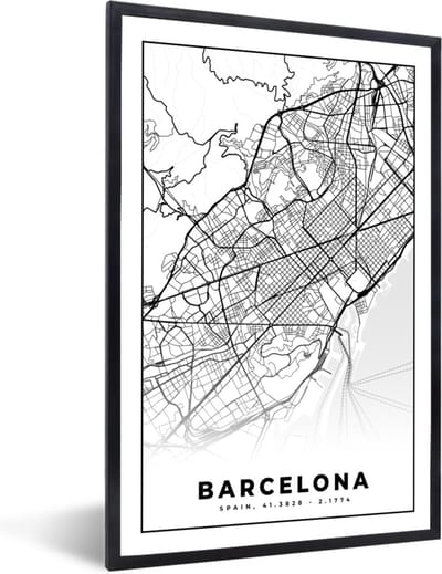 Fotolijst incl. Poster Zwart Wit- Barcelona - Stadskaart - Plattegrond - Zwart Wit - Kaart - 40x60 cm - Posterlijst