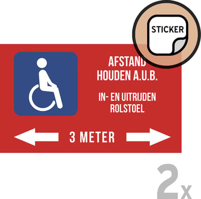 Pictogram/ stickers (2x) | "Afstand houden a.u.b. - In- en uitrijden rolstoel - 3 meter" | 25 x 15 cm | Gehandicapt | Invalide | Rolstoelgebruiker | Rolstoel | Invaliditeit | Rol stoel | Sticker | 2 stuks