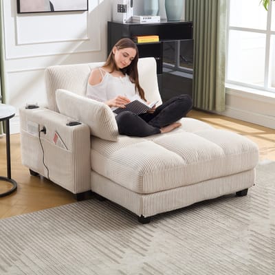 DESMIU Fauteuil 140 X 112 X 81 Cm - Met Bekerhouders, Zijvak En USB-Poort - Voor Woonkamer En Slaapkamer - Corduroy Khaki