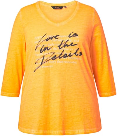 Ulla Popken - Dames - Shirt tekstprint A-lijn V-hals 3/4-mouw - Neonoranje - Maat 46+
