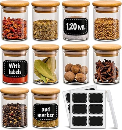 Kruidenpotjes set van 10-120ml met etiketten en pen om te labelen - Luchtdicht - Vaatwasmachinebestendig - Voor Specerijen en Kruiden