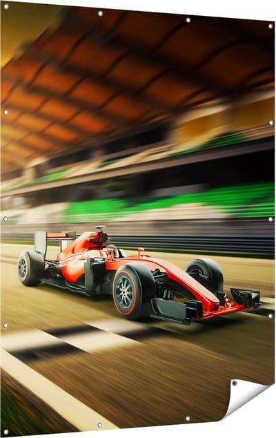 Gards Tuinposter Formule 1 Auto bij de Finish in het Rood - 120x160 cm - Tuindoek - Tuindecoratie - Wanddecoratie buiten - Tuinschilderij
