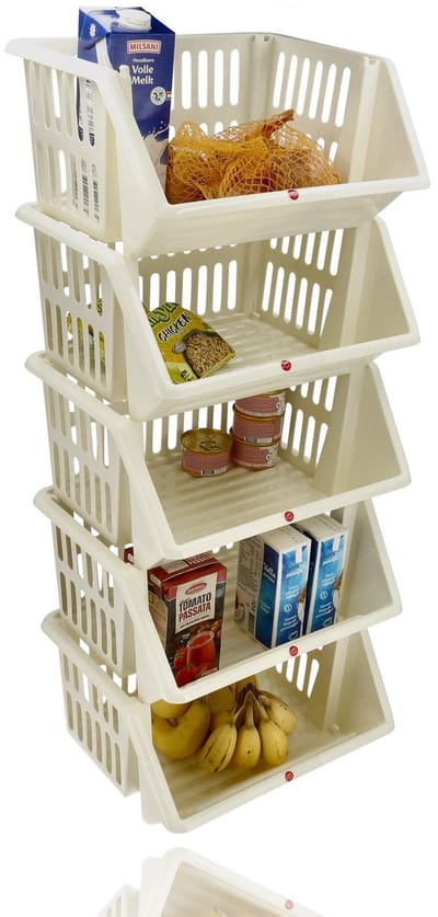 Groentemand 5 Stuks – Crème Opbergmanden voor Groente en Fruit – Stapelbare Mandenrek voor Keuken en Voorraadkast – Aardappelbak – Fruitrek – Organizer