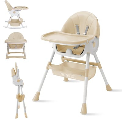 Phreeze Kinderstoel - Inklapbaar - Meegroeistoel 6 t/m 72 maanden - Afneembare Wielen - Eetstoel Baby & Peuter - Ook als Loopstoel, Wipstoel, Babystoel aan tafel / voor eten / thuis - Beige