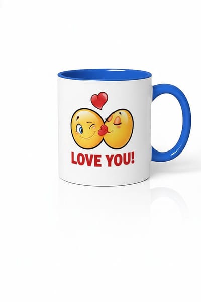 Mok 'Love You' met Kus Emoji's & Hart - Romantisch Valentijn Cadeau - Blauw & Wit Keramiek