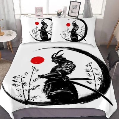 Samurai Dekbedovertrek Set Zonsondergang Japanse Samurai Dekbedovertrek Landschap Silhouet Dekbedovertrek Kingsize 23-delige Eenpersoons Beddengoedset 70x133cm 2pcs