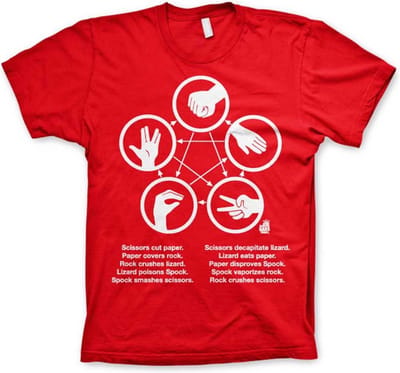 The Big Bang Theory Heren Tshirt -S- Sheldons Rock-Paper-Scissors-Lizard Game Rood