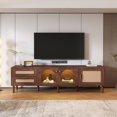 Pugsdrly 180 cm bruine tv-kast voor 80-inch tv – met 2 rotanladen, 2 gebogen glazen deuren en 1 rotandeur, ledverlichting, biedt stijlvolle opbergruimte, tv-meubel