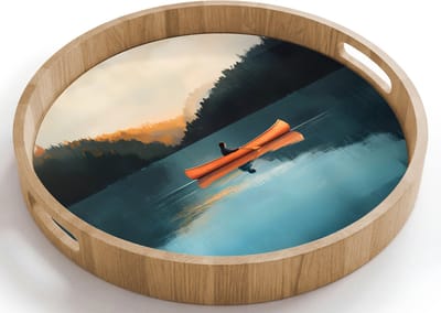 Dienblad rond 40x40 cm - Schootdienblad hout - Bossen - Meer - Kano - Oranje - Borrelplank rechthoek - Plateau houten dienbladen