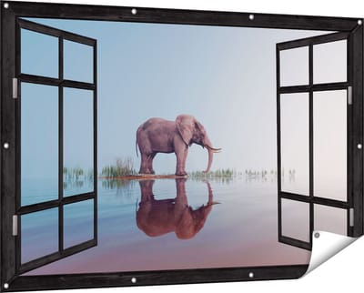 Gards Tuinposter Doorkijk Olifant bij het Water - 150x100 cm - Tuindoek - Tuindecoratie - Wanddecoratie buiten - Tuinschilderij