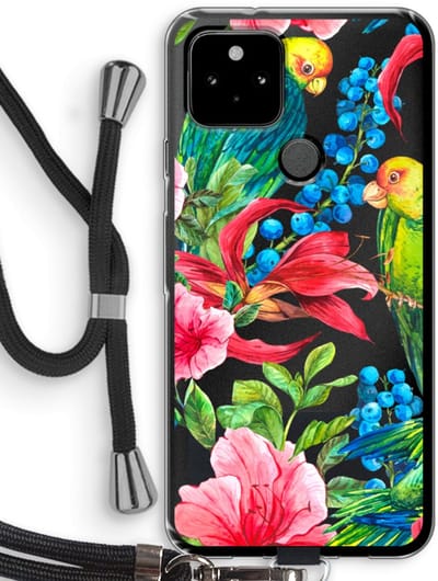 Case Company® - Hoesje met koord geschikt voor Google Pixel 5 hoesje met Koord - Papegaaien - Telefoonhoesje met Zwart Koord - Bescherming aan alle Kanten en Over de Schermrand