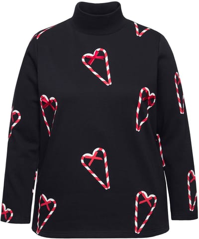 Ulla Popken - Dames - sweatshirt suikerstokken klassiek opstaande kraag - Zwart - Maat 46+