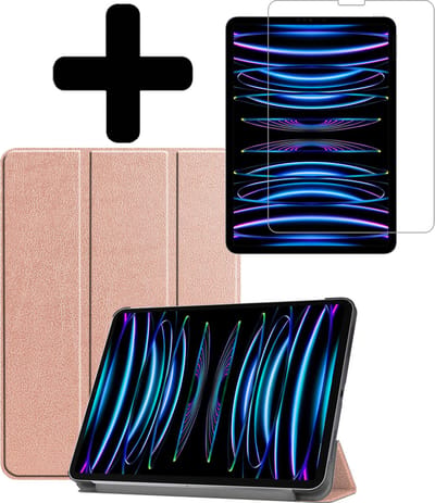 Hoes - Geschikt voor Apple iPad Pro (2022) - 11 inch - 4e generatie - Met Screenprotector - Trifold Bookcase - Hard Cover - Hardcover Book Case - Tablet Hoesje - Rosé goud