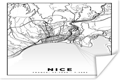 Poster Kaart - Nice - Plattegrond - Frankrijk - Stadskaart - Zwart wit - 180x120 cm XXL