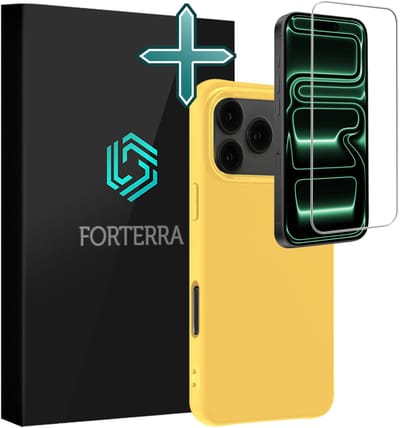 Hoesje Met Screenprotector - Geschikt voor Apple iPhone 17 Pro - Sterk & Shockproof - Telefoon Hoes - Back Cover - Siliconen Case - Geel