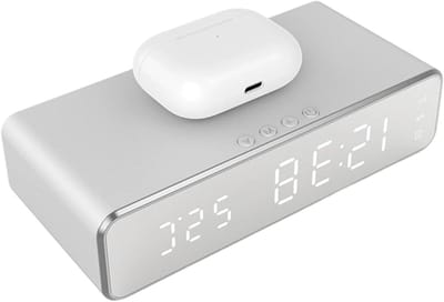 Wekker met Oplader - Nachtkastje Klok - Opladen en Wakker Worden - Geïntegreerde Temperatuur - 16x7.5x4cm - Zilver