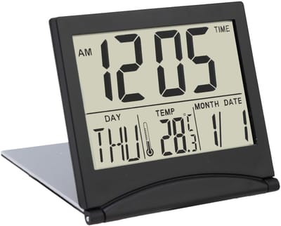 Ynkkvre - digitale LCD reiswekker - kleine opvouwbare klok met datum, dag, kalender en temperatuuraanduiding - compacte bureauklok op batterijen voor thuis en kantoor