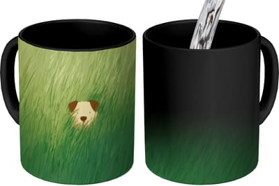 Magische Mok - Foto op Warmte Mokken - Koffiemok - Hondje - Gras - Oren - Bruin - Magic Mok - Beker - 350 ML - Theemok