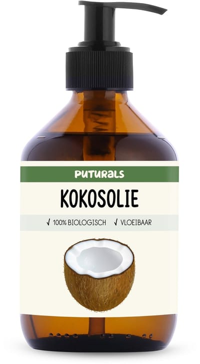 Puturals Kokosolie 100% Biologisch - 300ml - Koudgeperst en Puur - MCT Olie voor Huid, Haar en Massage - Kokosolie Vloeibaar - Glazen Fles met Pomp