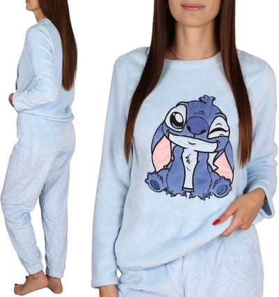 DISNEY Stitch Blauwe, POLAR, tweedelige pyjama voor dames, WARME pyjama met lange mouwen