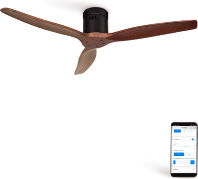 CREATE - Plafondventilator 40W silent Ø132 cm - Met Wifi - Met Afstandsbediening - 6 Snelheden - Timer - Zomer/Winter functie - Zwarte motor, donkerhouten bladen - WIND CALM