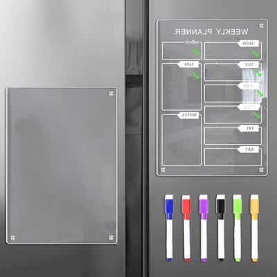 Set van 2 Wasbare A4 Maandplanner met Magnetische Acryl Fridge Planner voor To-Do Lijsten, Dagplannen en Boodschappenlijstjes, Inclusief 6 Stiften