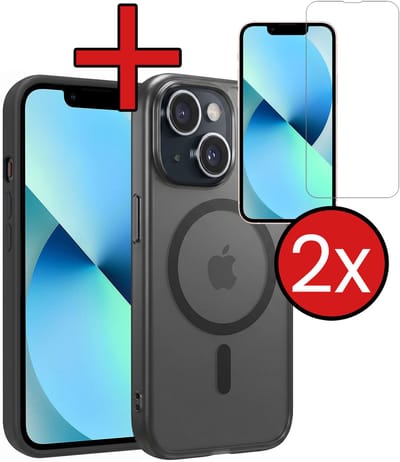 Hoesje - Met 2x Screenprotector - Geschikt voor Apple iPhone 14 - Magsafe Compatible - Sterk & Shockproof - Shock Proof Case - Back Cover - Telefoon Hoes - Telefoonhoes - Zwart