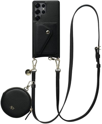AVY Leren Hoesje geschikt voor Samsung Galaxy S25 Ultra | Met Koord, Wallet en Pouch | Compatibel met MagSafe | Leather Case met 130CM Koord | Long Leather | Zwart