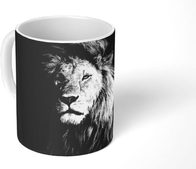 Mok - Koffiemok - Wilde dieren - Leeuw - zwart - Wit - Mokken - 350 ML - Beker - Koffiemokken - Theemok