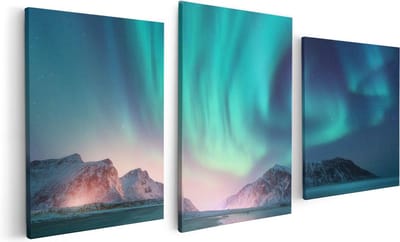 Artaza Canvas Schilderij Drieluik Groene Noorderlicht in Noorwegen - 120x60 - Foto Op Canvas - Canvas Print