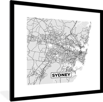 Fotolijst incl. Poster Zwart Wit- Sydney - Stadskaart - Plattegrond - Zwart Wit - Kaart - 40x40 cm - Posterlijst