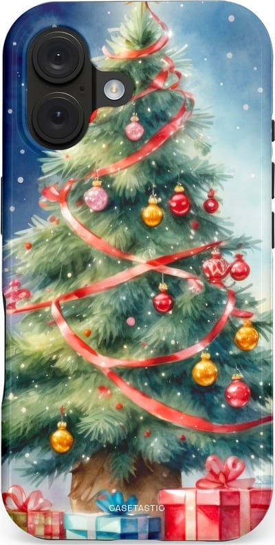 Casetastic hoesje geschikt voor Apple iPhone 16 - MagSafe - Dubbellaagse bescherming - Aquarel Kerstboom Cadeau - Fashion Case - Grijs Donkerblauw Saliegroen Beige