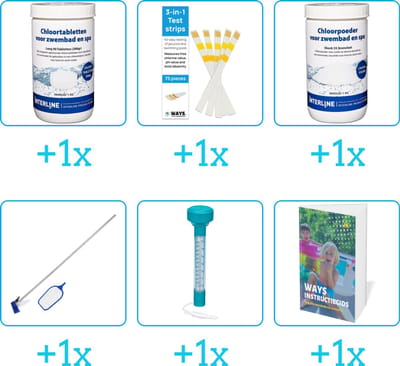 Zwembad Onderhoudspakket - Onderhoud Zwembad - bevat Chloor - Testrips - Chloor - Schoonmaakset - Thermometer en Zwembadgids (6-delig)