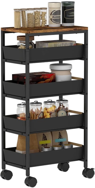 Bresht Keukentrolley - Opbergrek - 4 Laden en Wielen - Metalen frame - Compact ontwerp - Zwart en bruin - 39,5 × 24 × 82 cm