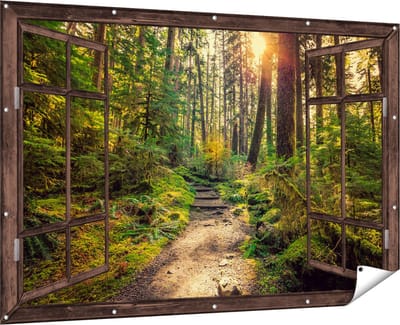 Gards Tuinposter Doorkijk Voetpad in het Bos - 180x120 cm - Tuindoek - Tuindecoratie - Wanddecoratie buiten - Tuinschilderij