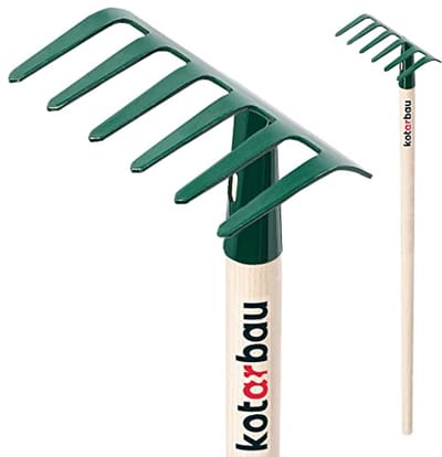 KOTARBAU® Tuinhark, Metalen Hark, 11,5 cm, Handhark met Houten Steel, 105 cm, Stevige Hark, voor Bloemenbedden, 6 Tanden, Ergonomisch, Compact Formaat, Groen, Staal