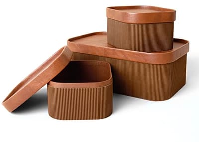 Gecanneleerde kartonnen opbergmanden met lederachtige deksels - Stevige stapelbare papieren dozen in chocoladebruin - Set van 3