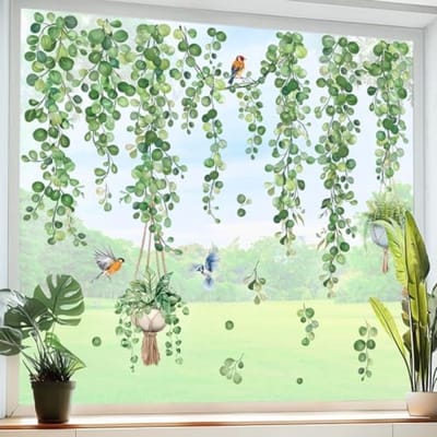 PromoHome Dubbelzijdige Raamstickers met Hangende Klimplanten - Groene Bladeren Decoratie - Anti-Botsing Raamfolie - 8 Stuks - 21x30 cm - Herbruikbare Statische Vinyl Stickers