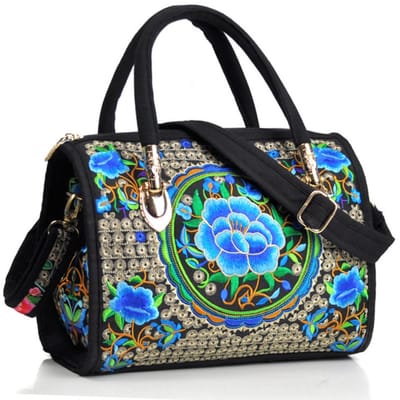 longziming -Handtasche - Umhängetasche - Blumenstickerei - Canvas Polyester-Futter - Ethno-Boho / Nationaler Vintage-Stil - Universell Tragbar Für Alltag, Shopping Und Abend - 1 Stck