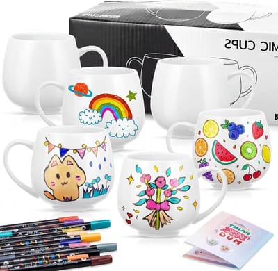 DIY Keramische Mokken Schilderset, Inclusief 6 Mokken, 48 Kleuren Acrylstiften en Schilderinstructies voor Creatieve Projecten
