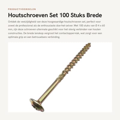 Dailygoods- Houtschroeven Set van 100 - Ø 4 x 60 mm - Sterkop T20 - Geelkoper - Antisplijting - Scherpe Punt - Verhoogd Contactoppervlak - Schroeven