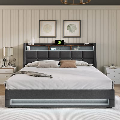MIVRAY Gestoffeerd Bed 160x200 Cm - Met Ledverlichting En Usb Aansluiting - Met Opbergruimte - Linnen - Grijs - Zonder Matras