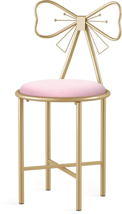 FATIVO Kaptafel kruk - fluwelen stoel - Strik rugleuning - Ronde - metalen frame - Roze