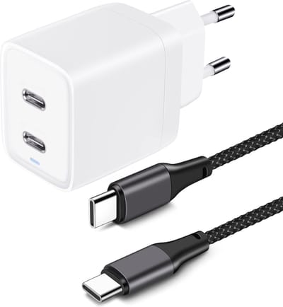 45w usb C Power Adapter met 2 usb C Poorten + 1x Nylon usb C naar usbC Kabel -1 Meter - Geschikt voor iP15,Pro,Max,S24,S23,S22 Snellader