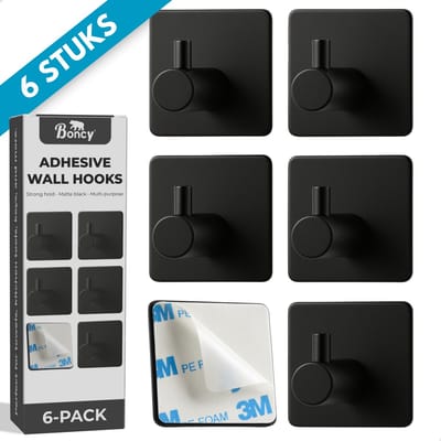 Boncy® Zelfklevende Haakjes RVS - 6-Pack Ophanghaken Plakhaakjes - Handdoekhaakjes Zelfklevend Plakhaak - Wandhaak Handdoekhouder Zwart - Muurhaak Wandhaken Plak Wandhaakjes - Badkamer Plakhaken zonder Boren