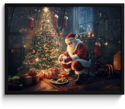 Poster in lijst - Fotolijst 80x60 cm - Posters - Kerstman - Haard - Donker - Posterlijst zwart - Decoratie - Wanddecoratie woonkamer - Muurdecoratie slaapkamer - Kerstversiering - Kerstdecoratie voor binnen - Kerstmis
