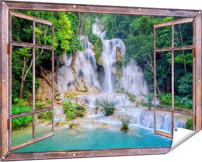 Gards Tuinposter Doorkijk Waterval in het Tropische Natuur - 150x100 cm - Tuindoek - Tuindecoratie - Wanddecoratie buiten - Tuinschilderij