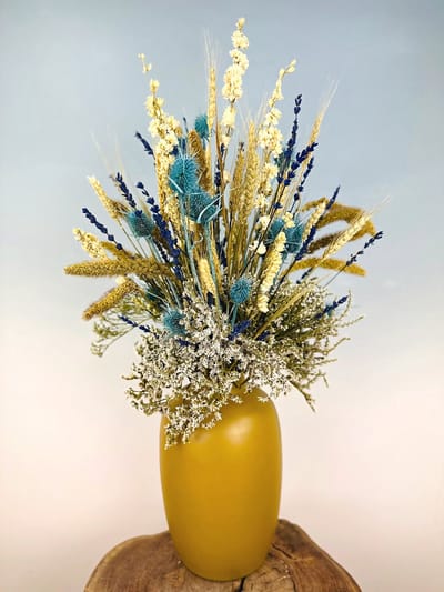 Droogbloemen boeket "Frozen Blue" - inclusief vaas | 70cm | Schitterend & kleurrijk boeket | Perfect voor elk interieur