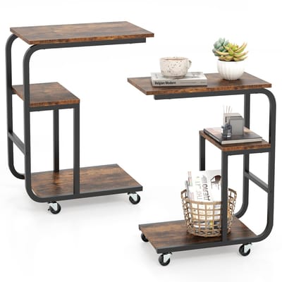 COSTWAY Bijzettafel, banktafel met wieltjes, C-vorm, 3 niveaus, koffietafel, mobiel, woonkamertafel, metalen frame, voor koffie en laptop, 53 x 30 x 70 cm, industrieel design (2)
